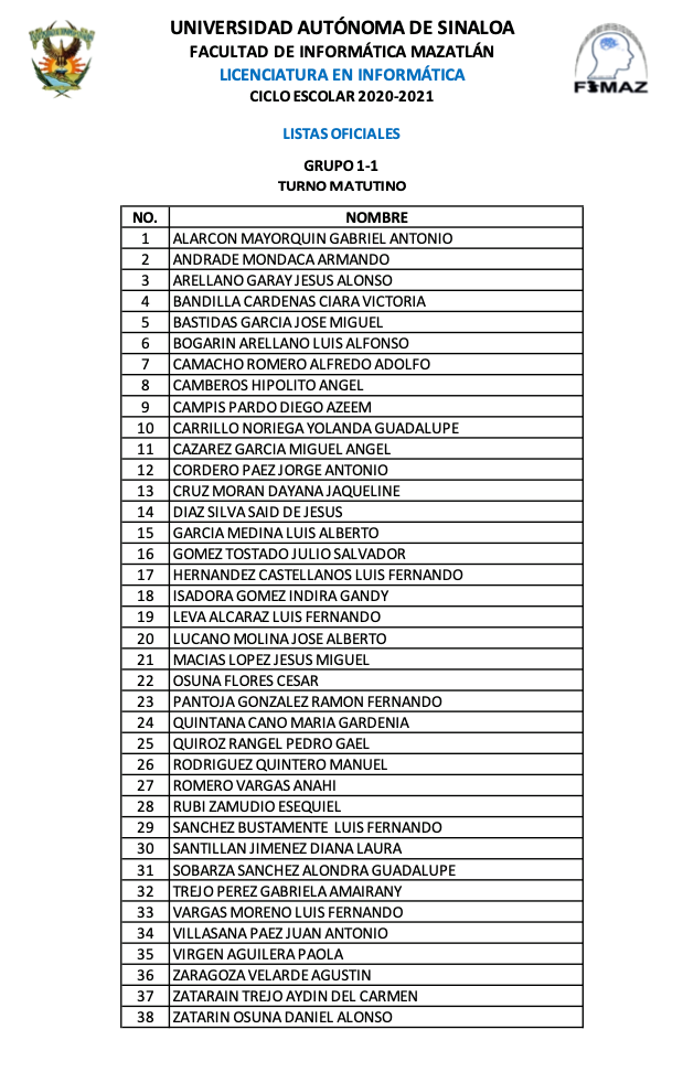 TURNO OFICIAL PARA ASPIRANTES ACEPTADOS A NUEVO INGRESO CICLO 2020-2021
