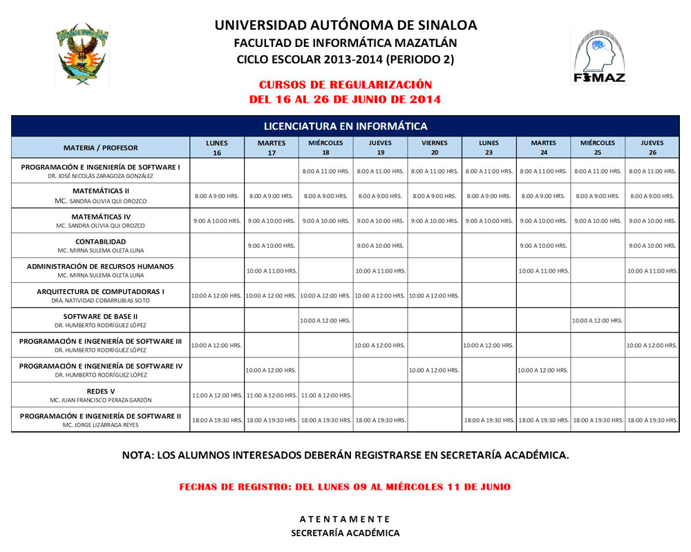 Calendario de Cursos de Regularización