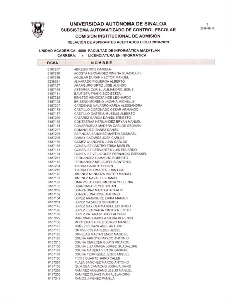 ASPIRANTES ACEPTADOS DEL EXAMEN DE ADMISIÓN (CENEVAL 2018)