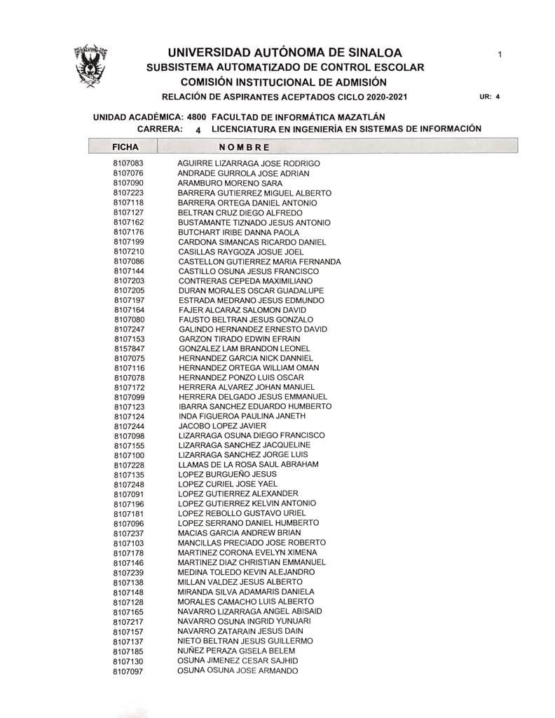 Aspirantes aceptados a la Licenciatura en Ingeniería en Sistemas de Información Ciclo 2020-2021.