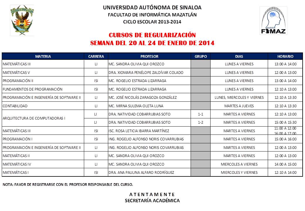 Cursos de Regularización del 20 al 24 Enero 2014