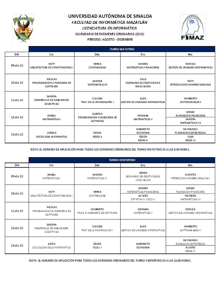 Calendario de Exámenes Ordinarios de ambas carreras