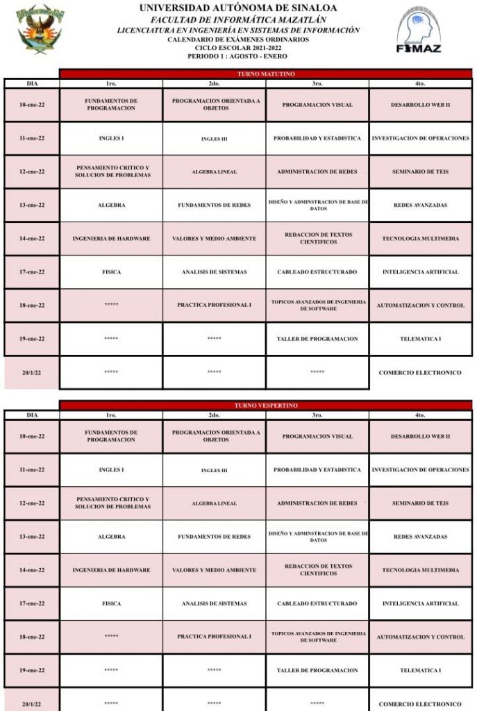 EXÁMENES ORDINARIOS CICLO 2021-2022 PERIODO 1