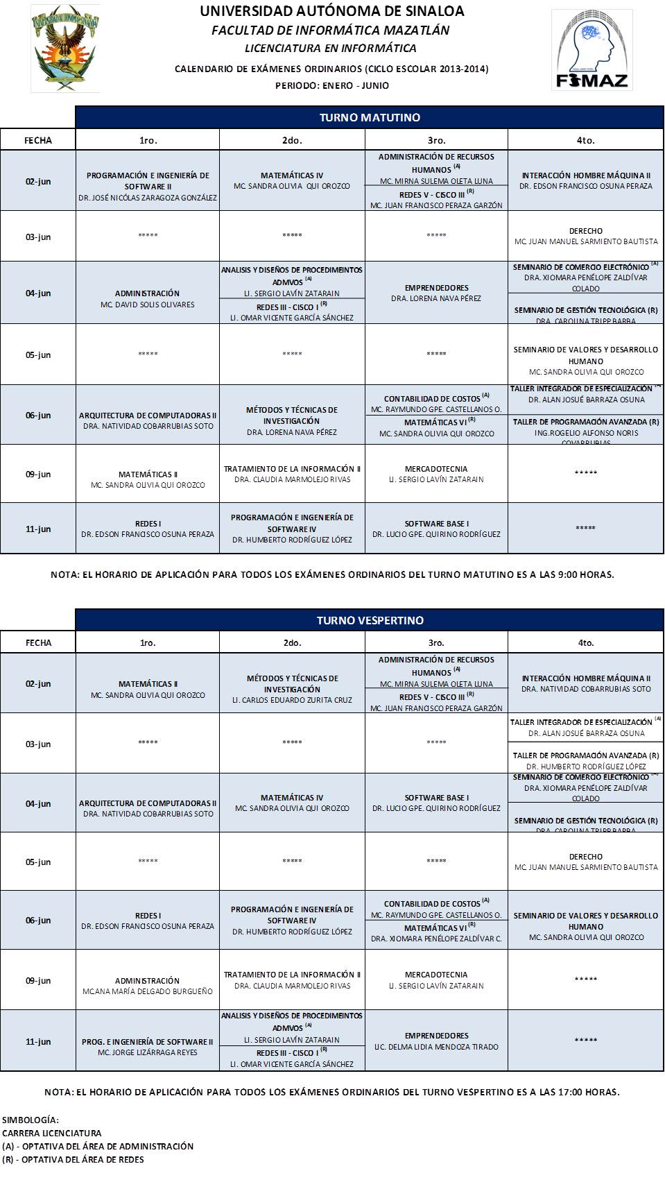 Calendario de exámenes ordinarios ( Ciclo Escolar 2013-2014 ) Periodo de Enero – Junio
