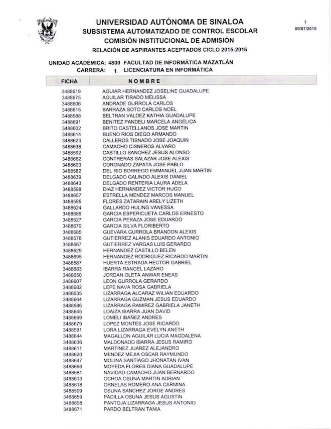 Aspirantes aceptados del examen de admisión ( CENEVAL 2015 )